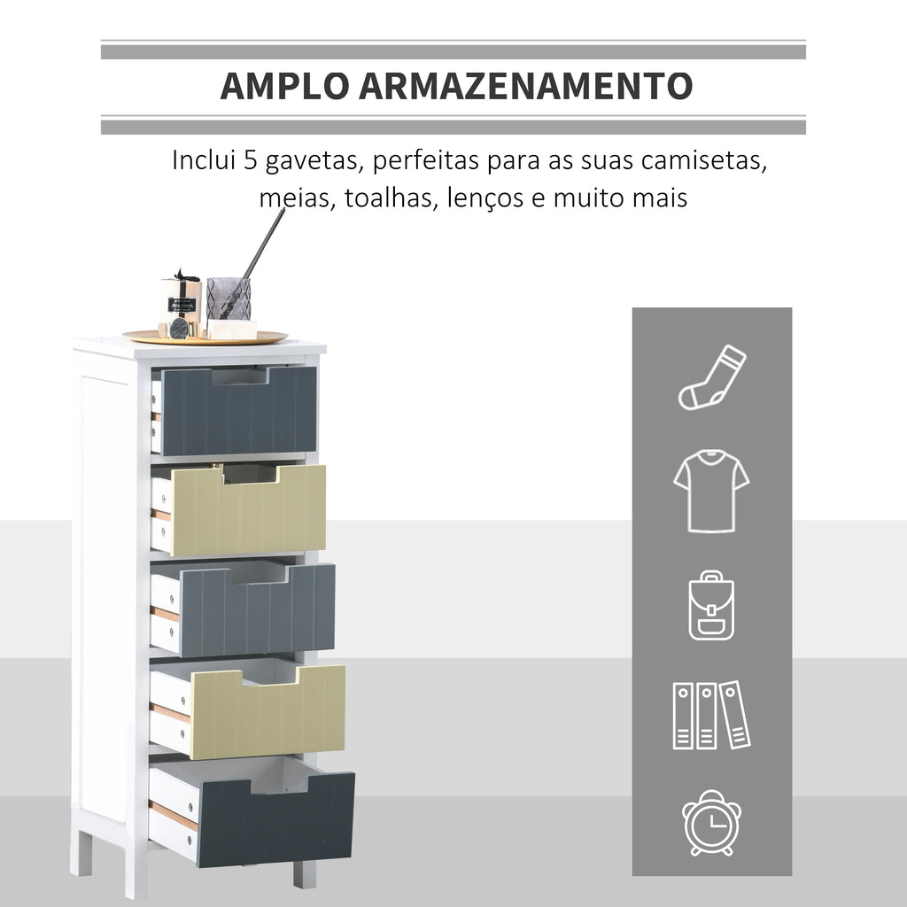 Cómoda de Madeira com 5 Gavetas Cómoda Auxiliar de Armazenamento com Pés Elevados Estilo Moderno para Dormitório Sala de Estar Casa de Banho 35x28x90,5cm Multicor — foto 5