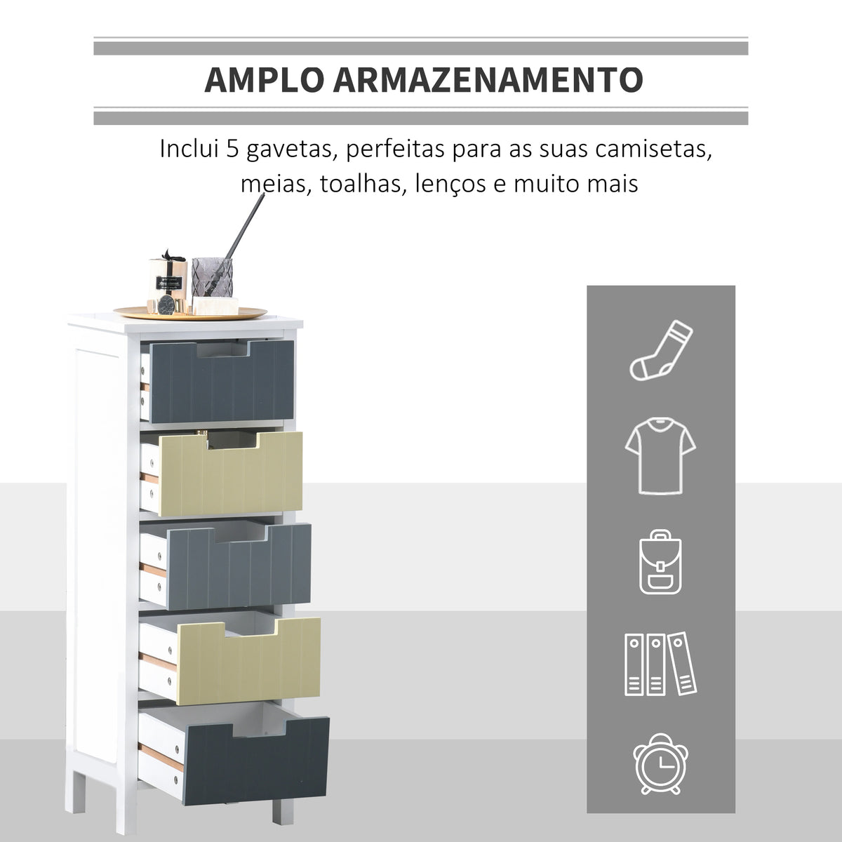 Cómoda de Madeira com 5 Gavetas Cómoda Auxiliar de Armazenamento com Pés Elevados Estilo Moderno para Dormitório Sala de Estar Casa de Banho 35x28x90,5cm Multicor — foto 5