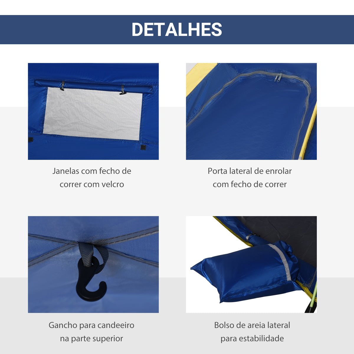 Tenda de Praia Dobrável Tenda de Praia Pop-up para 1-2 Pessoas com 2 Portas 2 Janelas e Bolsa de Transporte para Parque Campismo 220x173x120 cm Azul Escuro — foto 5