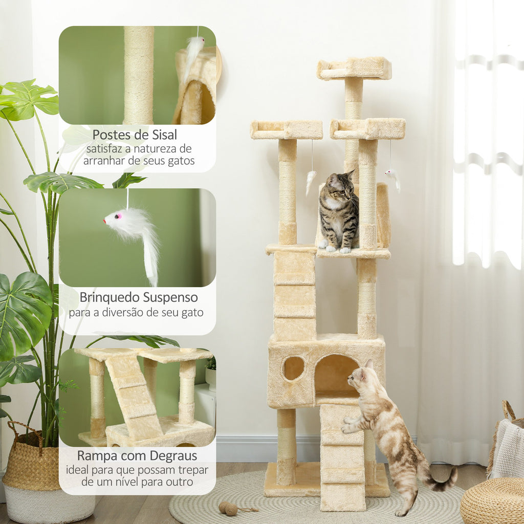 Arranhador para Gatos Grande 49x49x173 cm com Múltiplos Níveis Cavernas Brinquedos Suspensos Centro de Atividades de Sisal Bege — foto 5