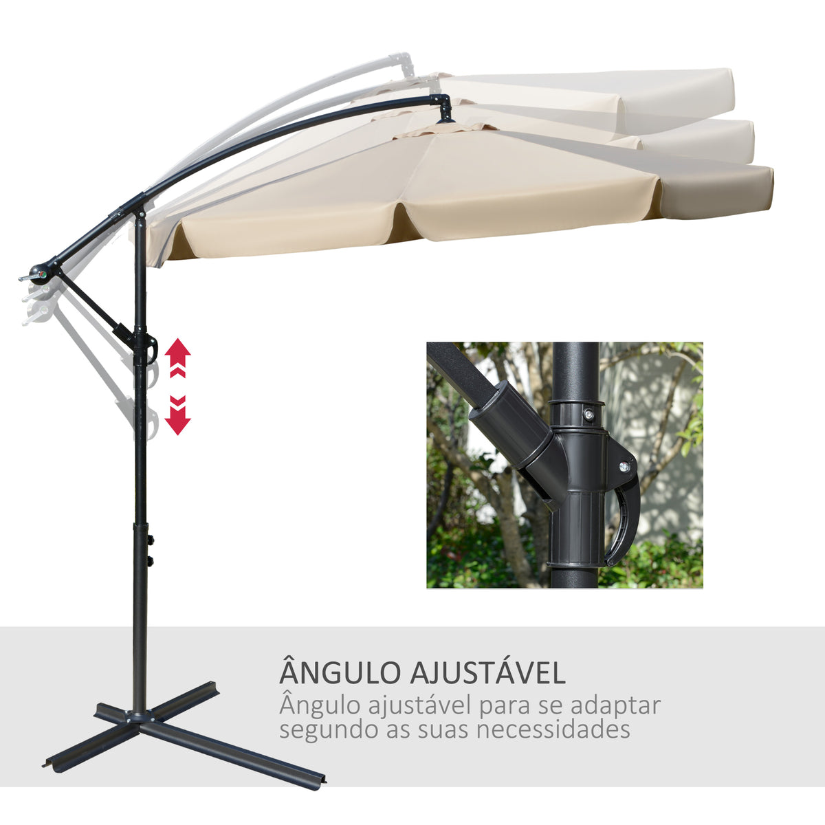 Chapéu de Sol de Jardim Ø265 cm Chapéu de Sol Excêntrico com Teto Inclinável Manivela 8 Hastes de Metal e Base Cruzada Proteção Solar para Terraço Varanda Exterior Bege — foto 5