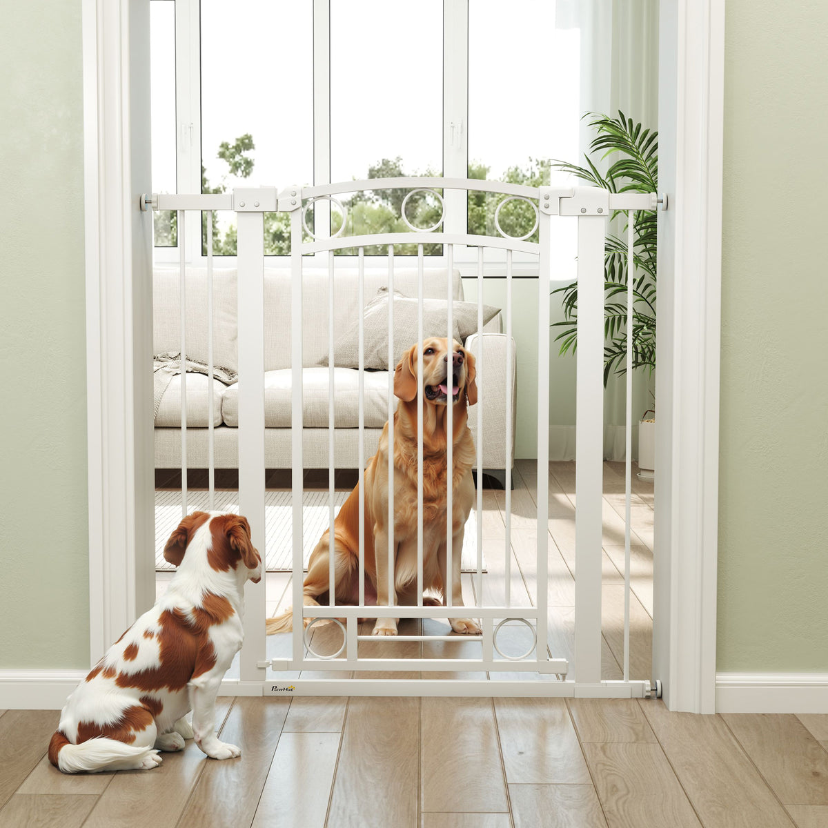 Barreira de Segurança para Cães Barreira de Segurança para Cães com Largura Ajustável 76-104 cm Barreira de Proteção com 2 Extensões para Escadas e Portas 76-104x104 cm Branco — foto 2