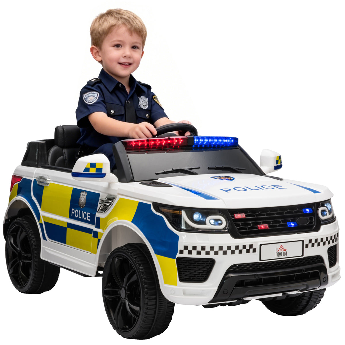 Carro Elétrico para Crianças acima de 3 Anos Carro Elétrico Infantil de Policia Carro a Bateria 12V com Controlo Remoto Bluetooth USB Luz Sirene 110x68x52 cm Branco — foto 1