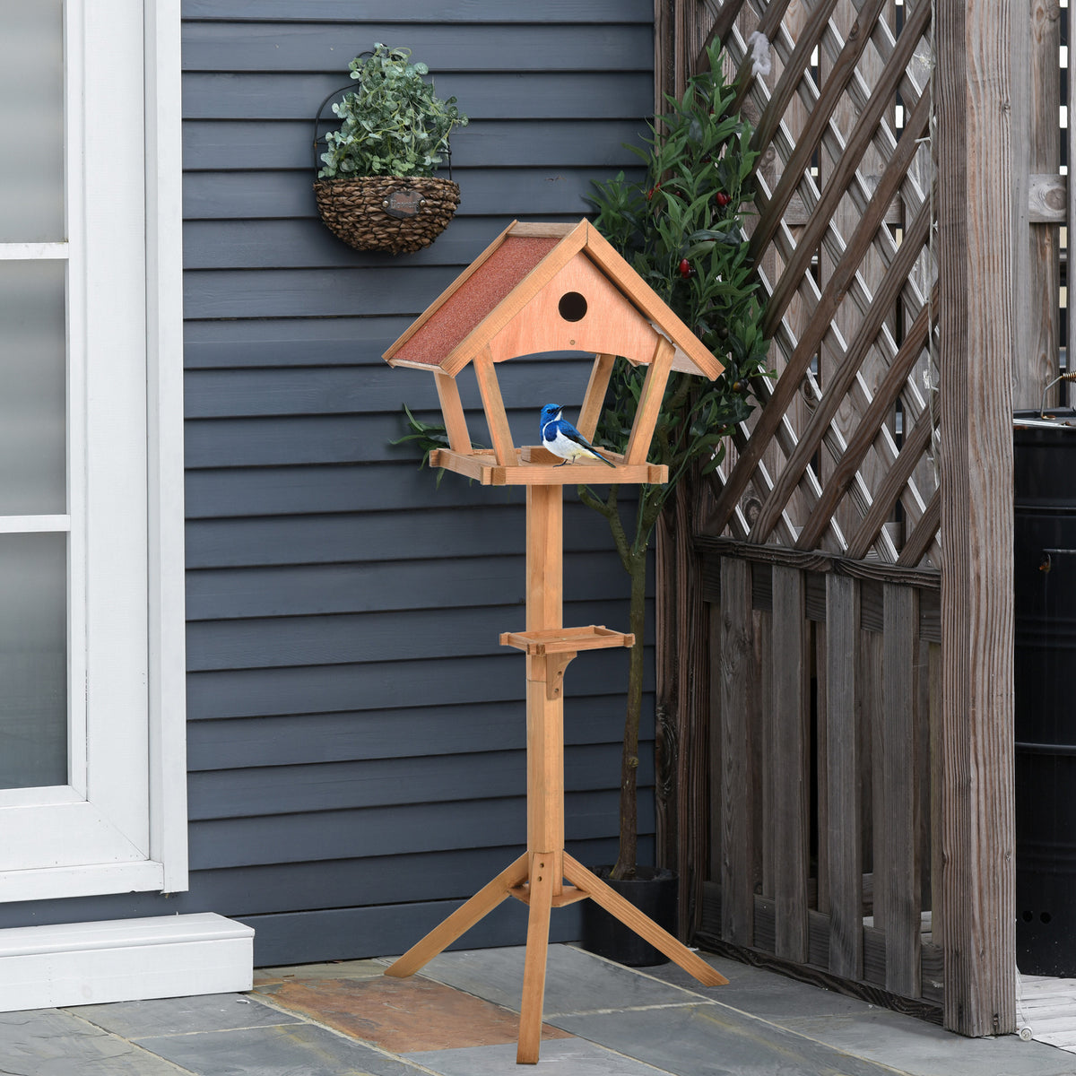 Casa para Pássaros de Pé de Madeira Maciça 49x45x139cm com Teto Asfáltico Alimentador de Aves Silvestres para Exterior Jardim Natural — foto 2