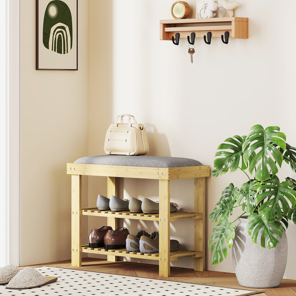 Banco Sapateira de Bambu Sapateira com Assento Almofadado 2 Prateleiras para 6 Pares de Sapatos para Entrada Dormitório 60x29x49 cm Madeira e Cinzento — foto 2