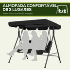 Baloiço de Jardim de 3 Lugares com Almofada Toldo Ajustável e Estrutura de Aço para Balcão Terraço Patio Carga Máx. 200 kg 172x110x153 cm Preto — foto 6