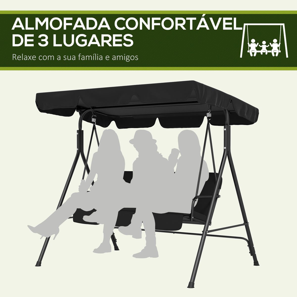 Baloiço de Jardim de 3 Lugares com Almofada Toldo Ajustável e Estrutura de Aço para Balcão Terraço Patio Carga Máx. 200 kg 172x110x153 cm Preto — foto 6