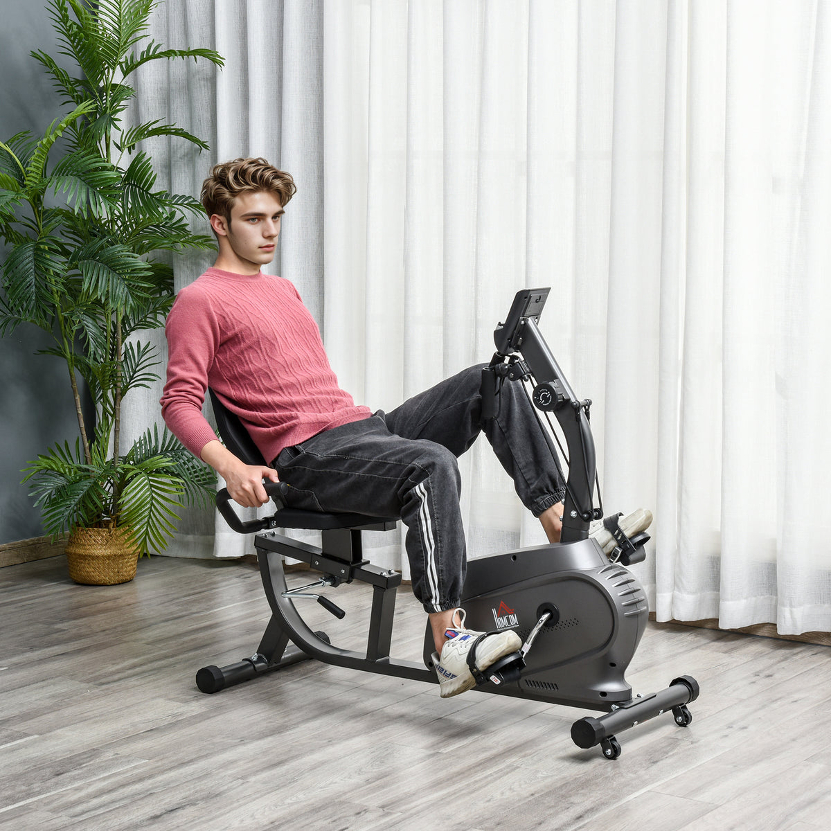 Bicicleta Estática com Encosto 8 Níveis de Resistência Bicicleta Estática Reclinada com Banco Ajustável Ecrã LCD e Suporte para Telemóvel para Treinos de Recuperação 121-142x62x101 cm Preto — foto 2