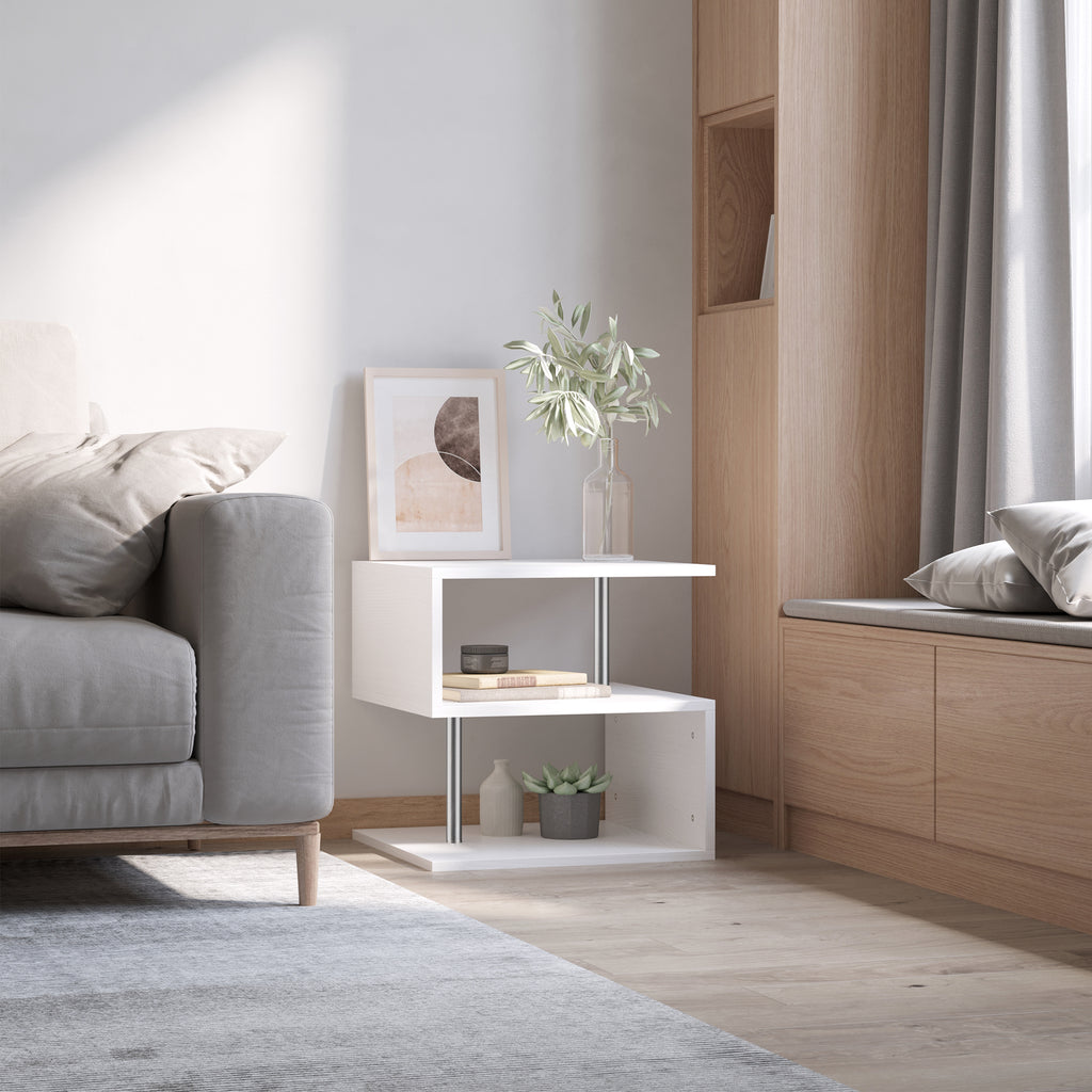 Mesa de Centro Mesa Auxiliar de Sala de Estar com Forma de S Compartimentos Abertos 2 Níveis Desenho Elegante 50x50x50cm Branco — foto 2