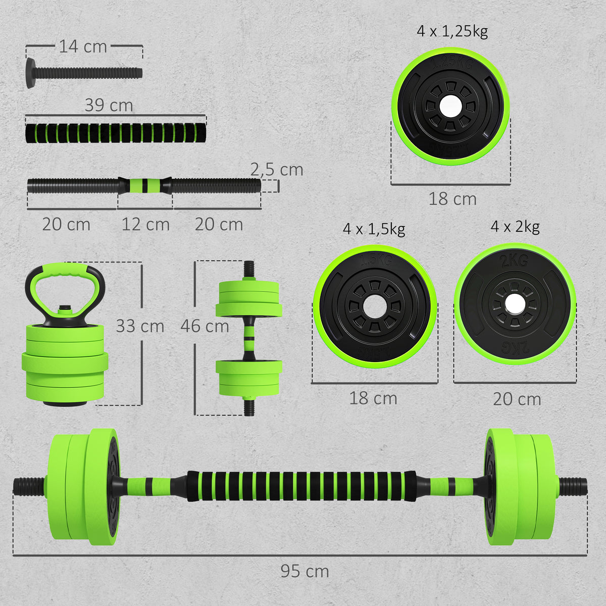 Conjunto de Halteres 20kg 4 em 1 Conjunto de Pesos com Kettlebell Barra de Pesos para Treino de Força em Casa Ginásio Escritório Verde — foto 3