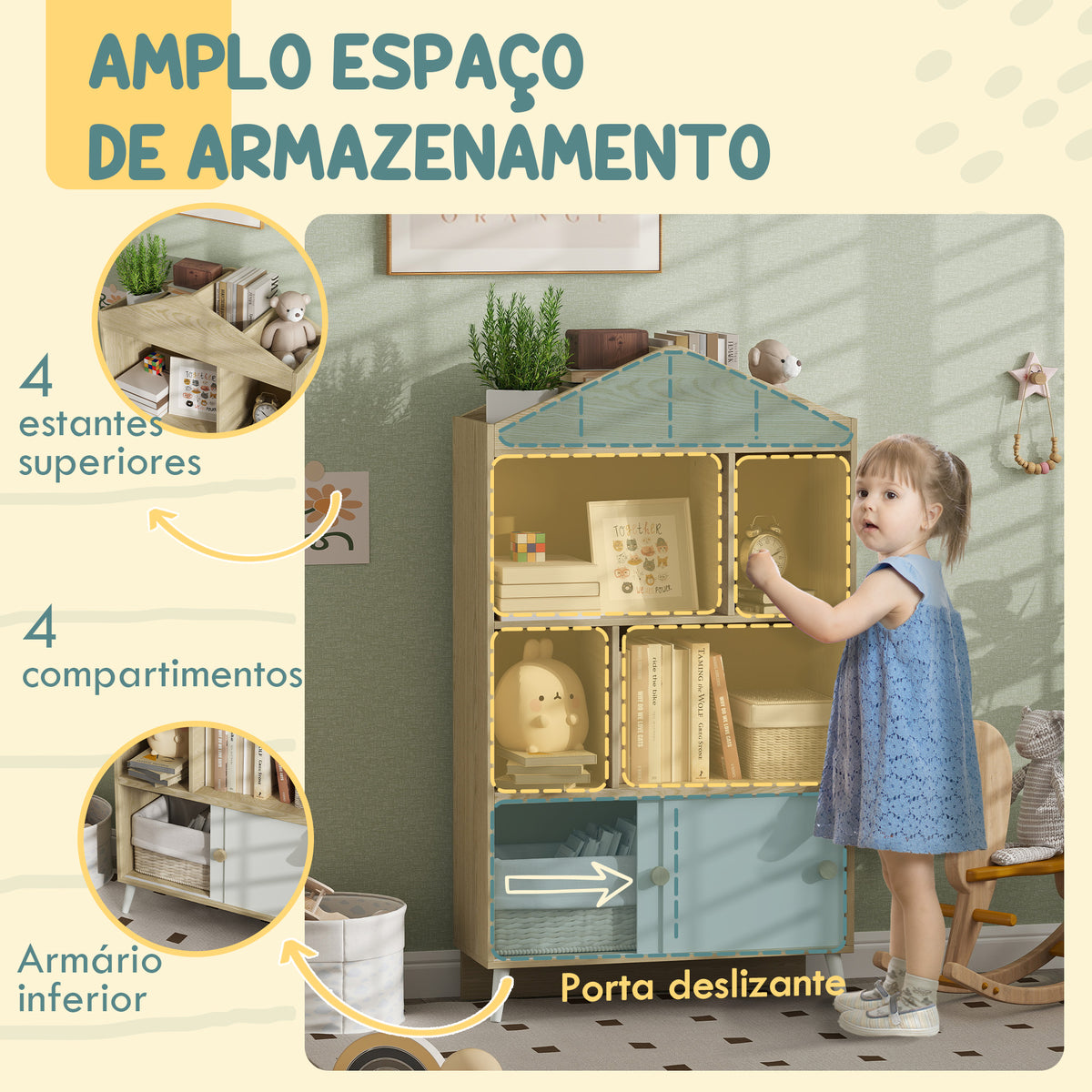 Estante Infantil de Madeira com 4 Compartimentos Estante de Livros para Crianças com Prateleiras Abertas e Armário para Domitório Sala de Jogos 80x30x140,5 cm Branco e Madeira — foto 4