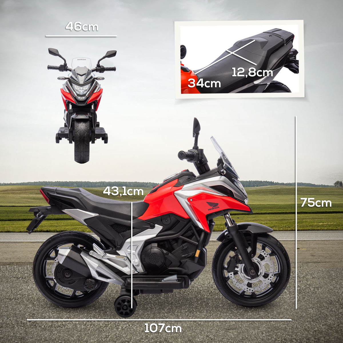 Moto Elétrica para Crianças de 3-6 Anos com Licença Honda Motocicleta de Bateria 12V com USB MP3 Luz LED Moto para Crianças com Velocidade 3 km/h Carga 30 kg Vermelho — foto 3