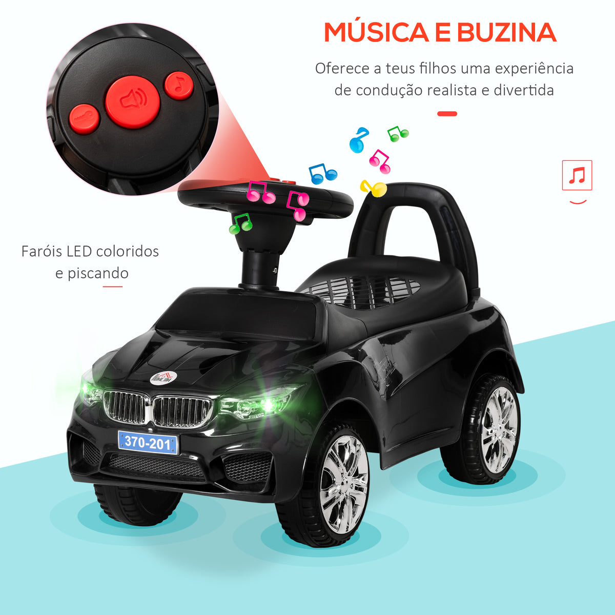 Carro Andador para Crianças de 18-36 Meses com Faróis Música Buzina Volante Compartimento de Armazenamento e Alça para Empurrar 63,5x28x36 cm Preto — foto 4