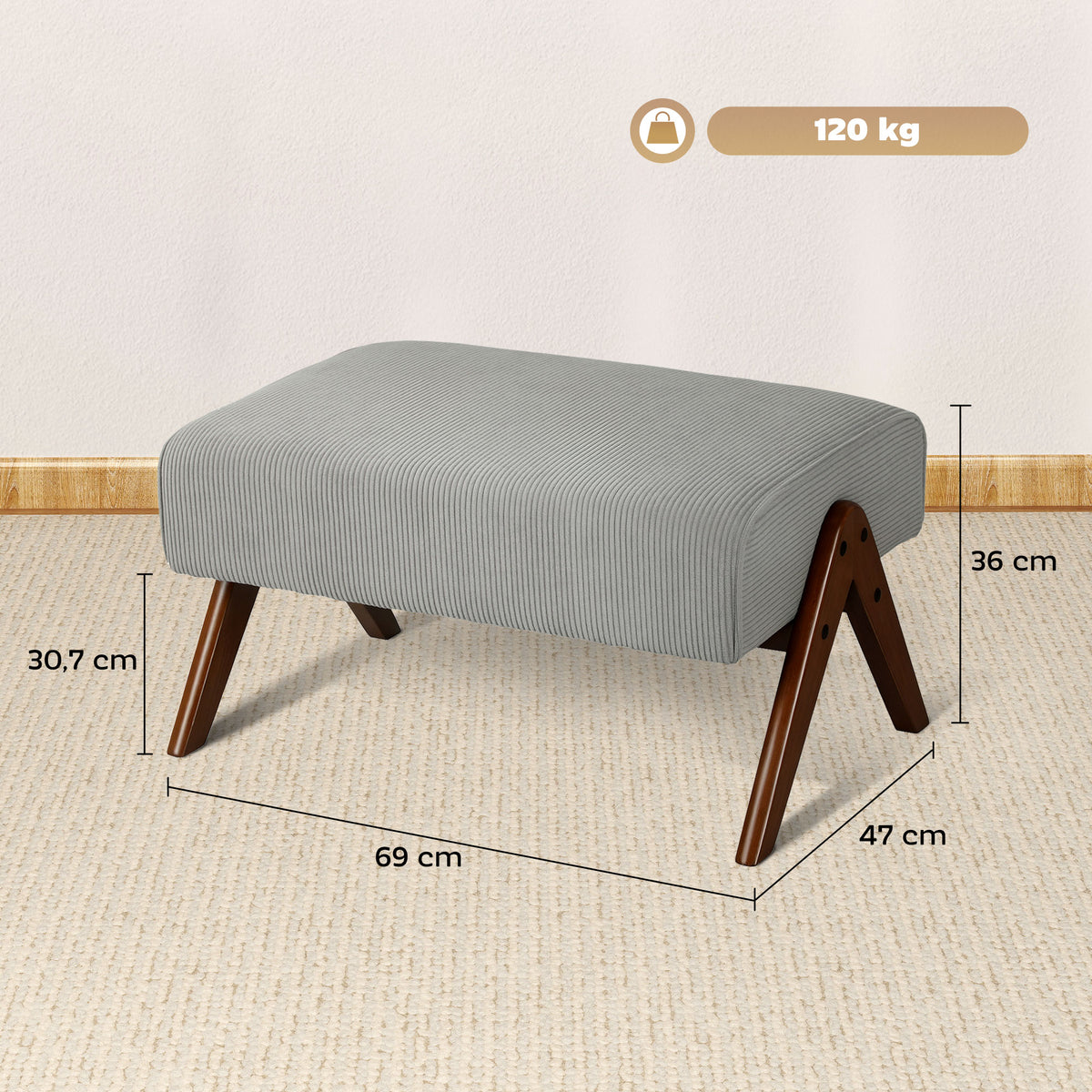 Apoio para Pés para Sala Banco Baixo Estofado em Veludo Otomana Retangular com Assento Almofadado e Pés de Madeira para Sala de Estar Quarto 69x47x36 cm Cinzento Claro — foto 3
