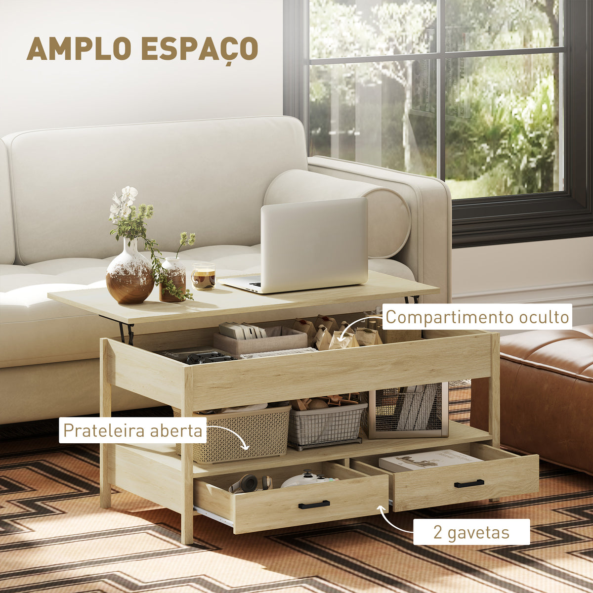 Mesa de Centro Elevável Mesa de Centro com Bancada Elevável Espaço Oculto de Armazenamento Gavetas e Prateleira Aberta 100x50x48-62 cm Carvalho — foto 5
