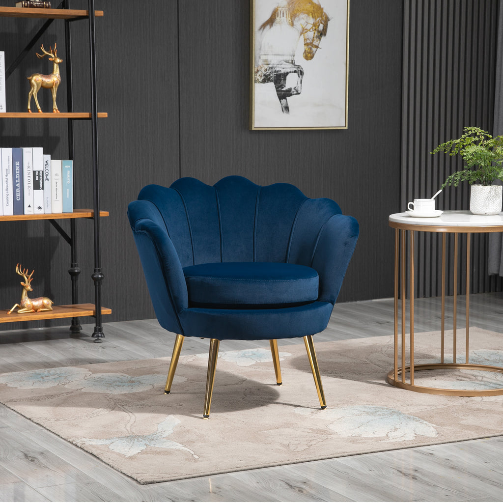 Poltrona de Sala Estofada em Veludo Poltrona para Quarto com Encosto em Forma de Concha e Pernas Douradas para Sala de Jantar 76x67x74 cm Azul — foto 2