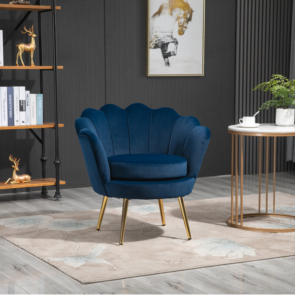 Poltrona de Sala Estofada em Veludo Poltrona para Quarto com Encosto em Forma de Concha e Pernas Douradas para Sala de Jantar 76x67x74 cm Azul — foto 2