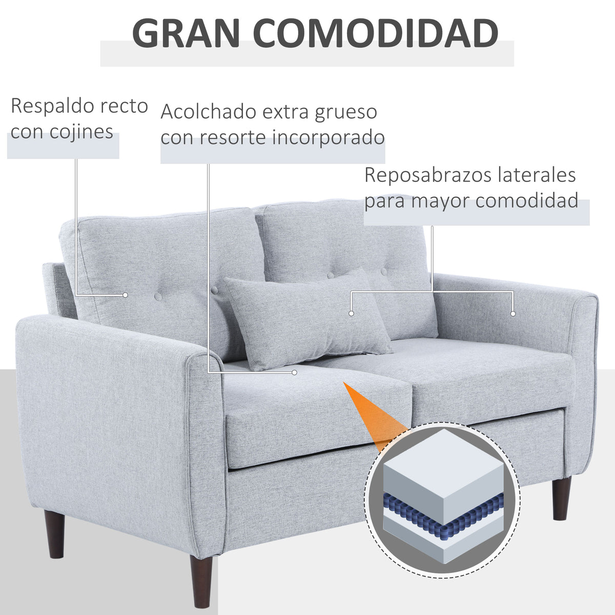 Sofá de 2 lugares Poltrona de dois lugares para sala de estar com almofadas e assento acolchoado fronha lavável 140x78x83 cm cinza claro — foto 5