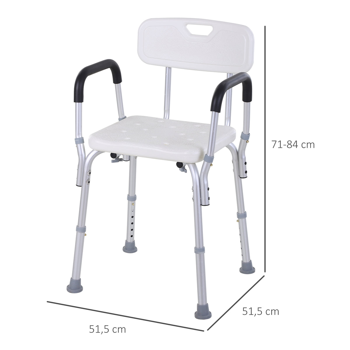 Cadeira para Duche Antiderrapante com Altura Ajustável em 6 Níveis Cadeira de Banho com Apoio para os Braços e Encosto 51,5x51,5x71-84 cm Branco — foto 3