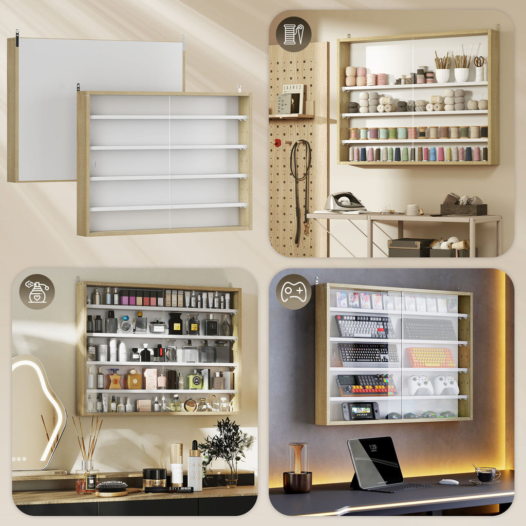 Vitrine de Parede de Madeira com Prateleiras Ajustáveis e 2 Portas Corredeiras de Vidro para Coleções Perfumes Bonecos de Decoração 80x9,5x60cm Madeira e Branco — foto 7