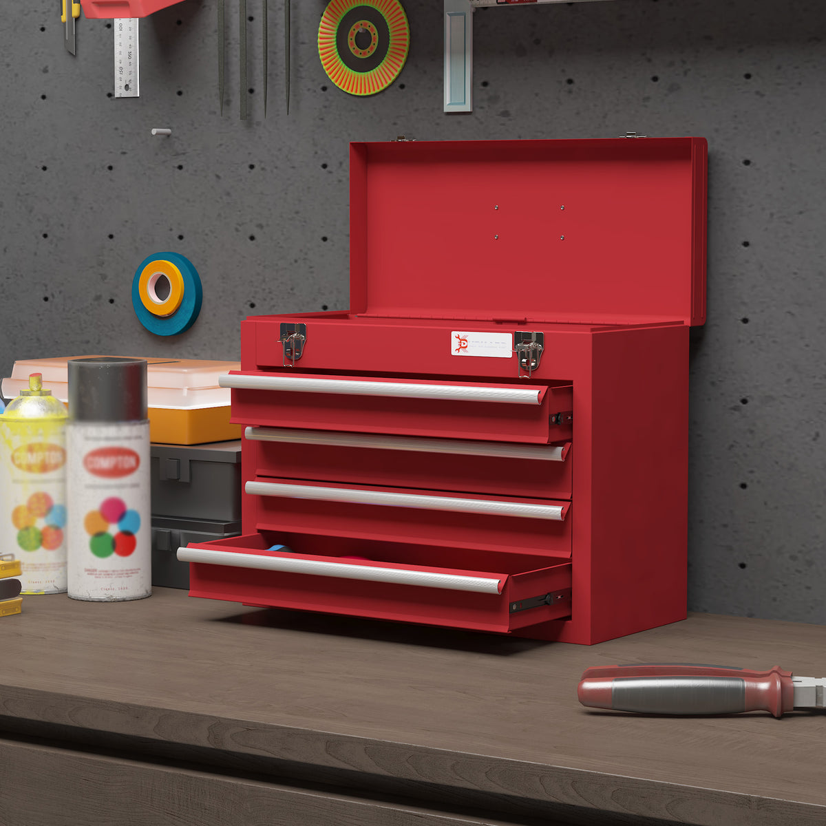 Caixa de Ferramentas de Aço com 2 Gavetas Tampa Abatível e Fechaduras Metálicas Mala de Ferramentas Portátil para Oficina Bricolage Casa 51x22x39,5 cm Vermelho — foto 7