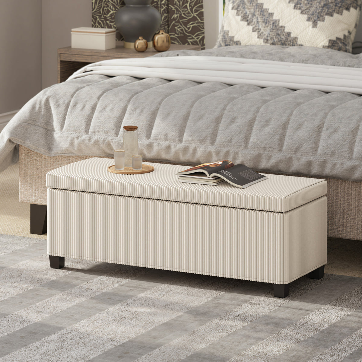 Banco de Arrumação Banco com Armazenamento Capacidade de 84 L 112x42x40 cm Estofado em Veludo Banco Pé de Cama para Dormitório Bege — foto 2