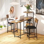 Conjunto de Mesa e Bancos de Bar Mesa Alta de Cozinha com 2 Bancos Laterais Rebatíveis Suporte para Vinhos e Prateleiras Estilo Industrial Castanho e Preto — foto 2