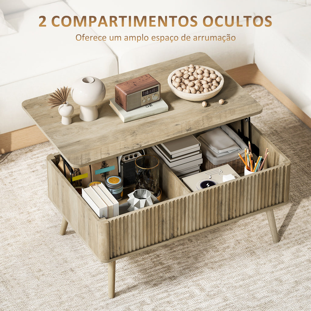 Mesa de Centro Elevatória Mesa de Café para Sala de Estar com Compartimentos Ocultos de Armazenamento e Pés de Pinho 91x56-80,5x43-57,5 cm Carvalho — foto 5