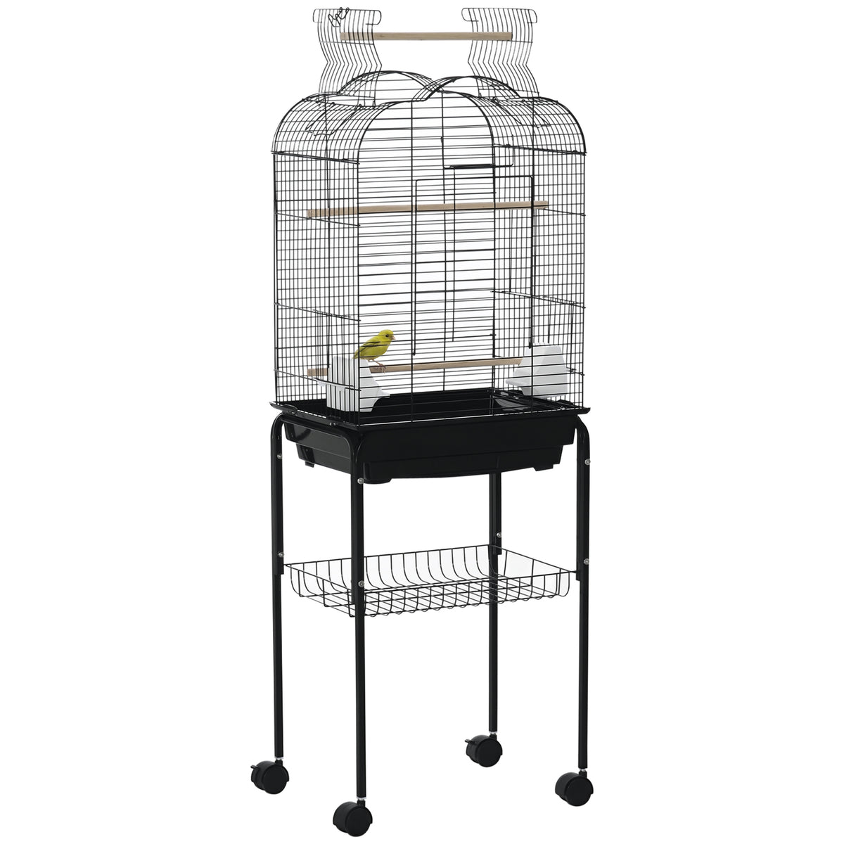 Gaiola para Passáros com Suporte Gaiola com 4 Rodas Teto com Abertura 2 Comedouros 3 Poleiros Bandeja Removível e Prateleira Inferior 46x36x130cm Preto — foto 1