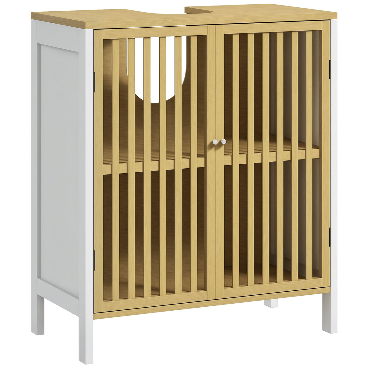 Móvel para Lavatório Pousar Armário de Bambu para Casa de Banho com Porta Dupla e Prateleira Ajustável Carga 30 kg 60x30x70 cm Natural e Branco — foto 1