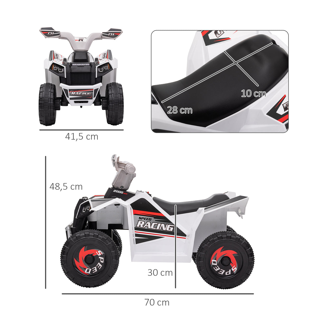 Quadriciclo Elétrico para Crianças 18-36 Meses Veículo Elétrico a Bateria de 6V com Velocidade 2,5 km/h Avanço e Marcha Atrás 70x41,5x48,5 cm Branco — foto 3