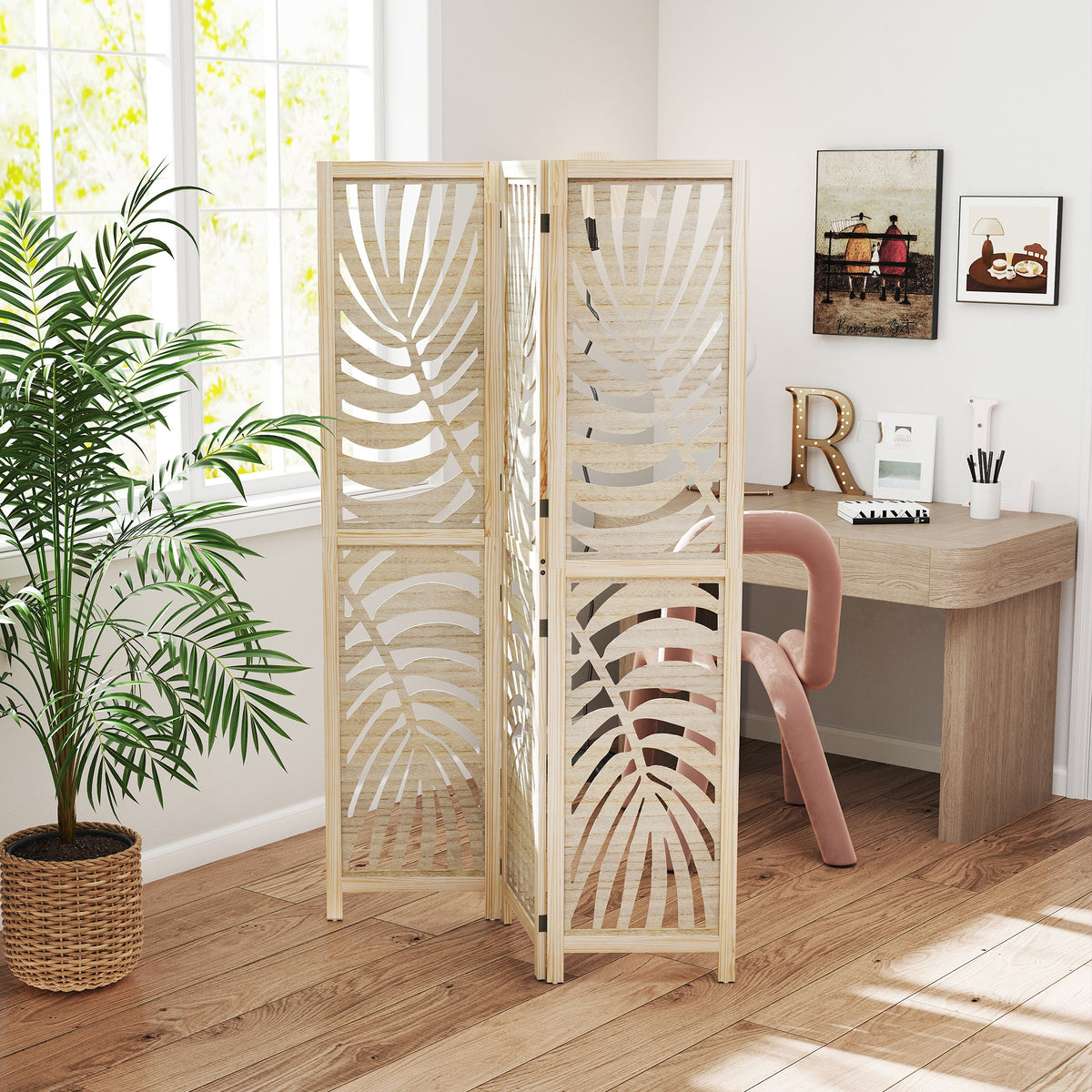 Biombo de 3 Painéis Separador de Ambientes Dobrável 120x170 cm com Estampado de Folhas de Palmeira Tropical Madeira — foto 2