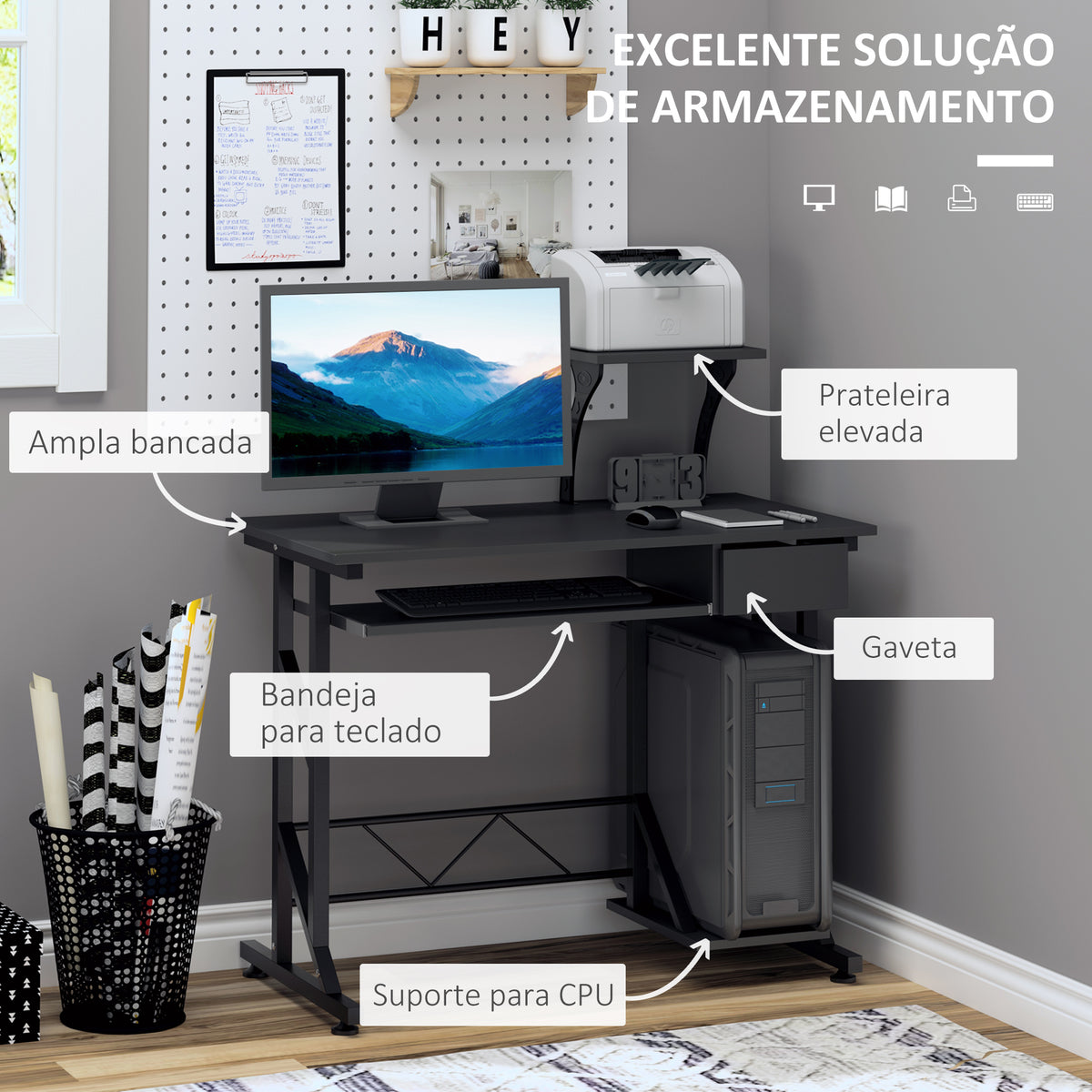 Mesa de Computador com 1 Gaveta Bandeja para Teclado e Suporte para CPU para Escritório Estúdio 90x50x95 cm Preto — foto 4