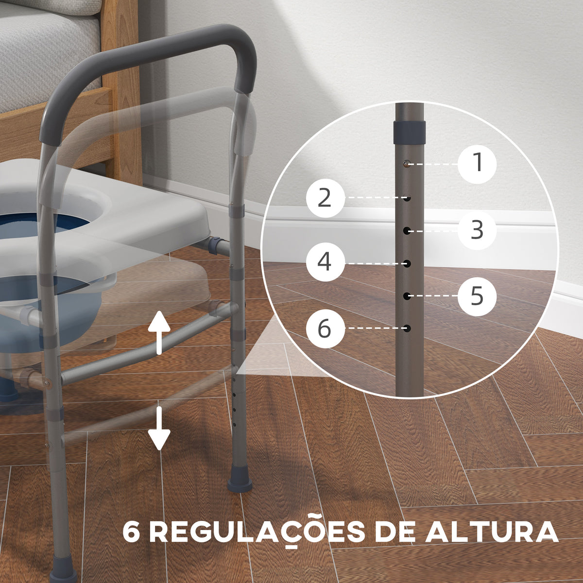 Cadeira Higiénica 4 em 1 Cadeira com Sanita de Alumínio Cadeira de Duche com Altura Ajustável e Almofadas Antiderrapantes Carga 136 kg para Pessoas com Deficiência Grávidas 64x53x70-82 cm Cinza — foto 5