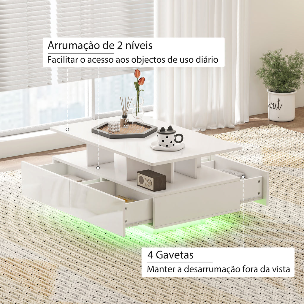 Mesa de Centro Moderna com LED Mesa de Centro com 4 Gavetas Prateleira Aberta e Luzes LED de 16 Cores para Sala de Estar 90x55x41 cm Branco Brilhante — foto 5