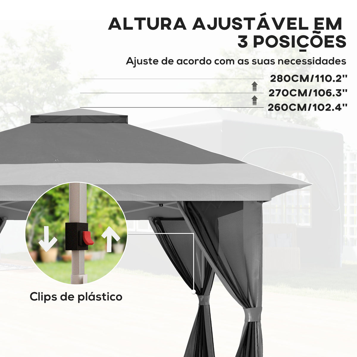 Pérgola Dobrável 356x356x280 cm Pérgola Dobrável com 4 Paredes Laterais de Malha Anti-UV Altura Ajustável Bolsa de Areia e Bolsa de Transporte para Campismo Festas Cinza Escuro — foto 5