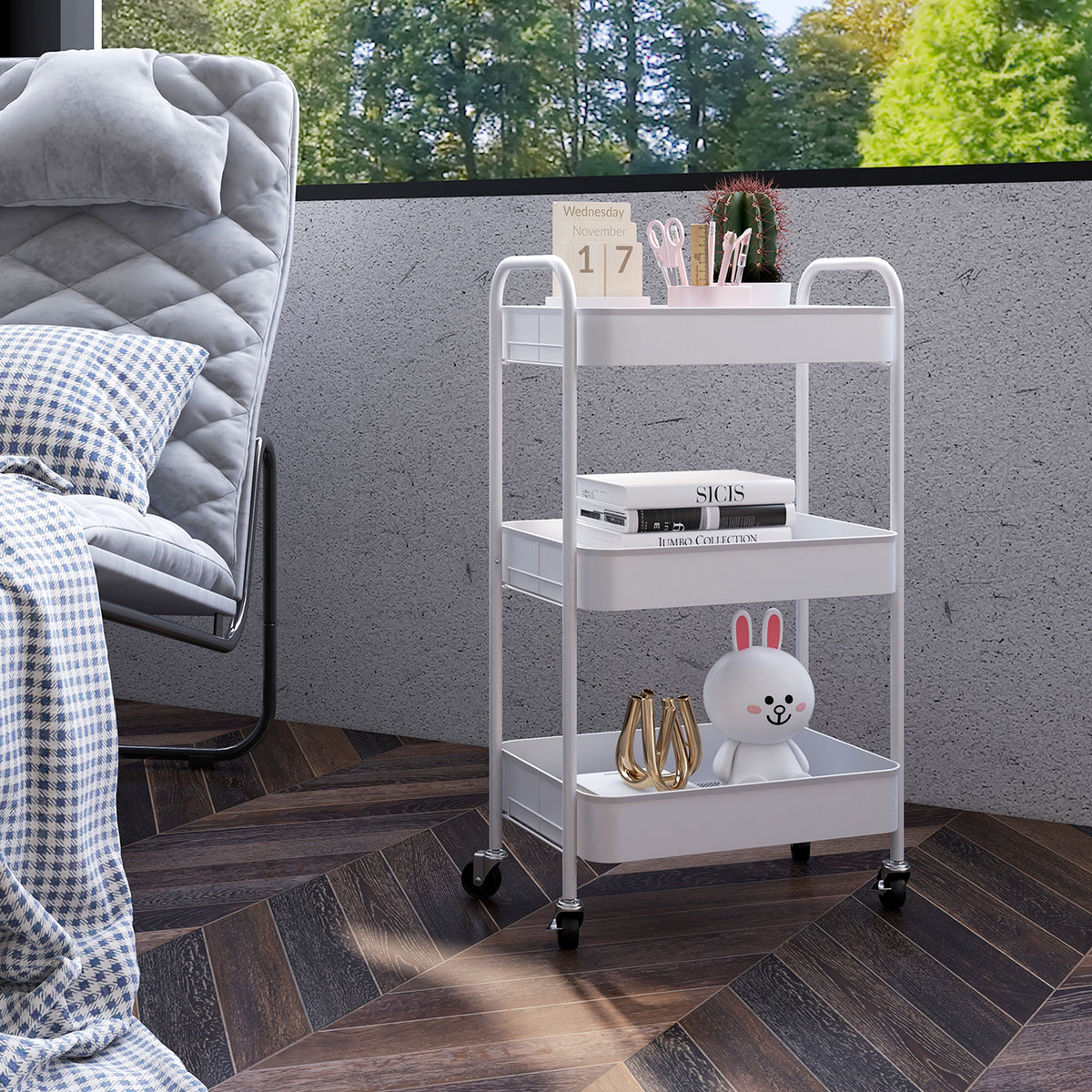 Carrinho Auxiliar de 3 Níveis com Rodas Carrinho de Armazenamento Deslizante com 3 Prateleiras 4 Rodas e 2 Travões para Cozinha Sala 45x30,6x79 cm Branco — foto 2