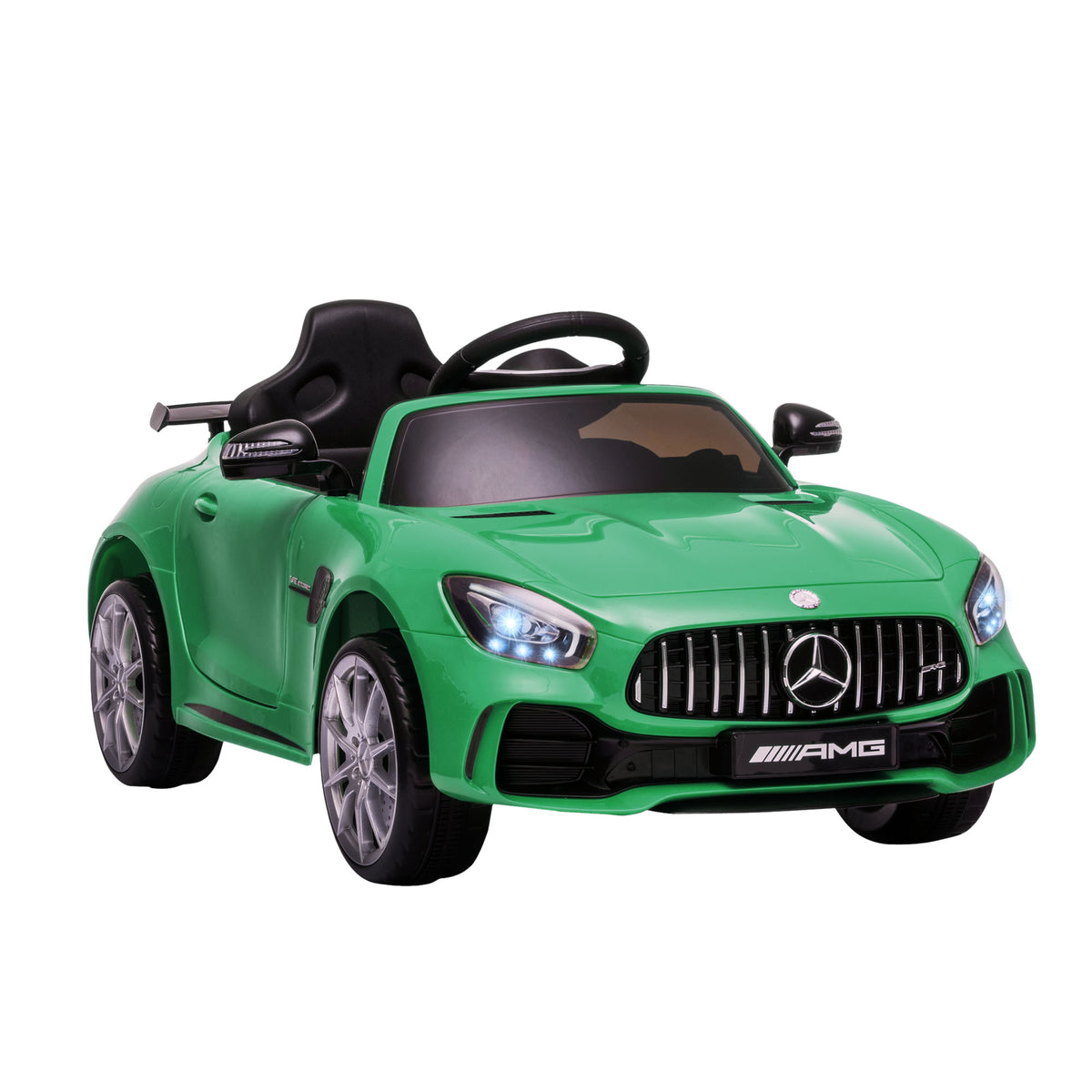 Carro elétrico para crianças acima de 3 anos licenciado de Mercedes GTR bateria de 12V com controle remoto Faróis musica portas de abertura dupla Carga 25kg 105x58x45 cm Verde — foto 1