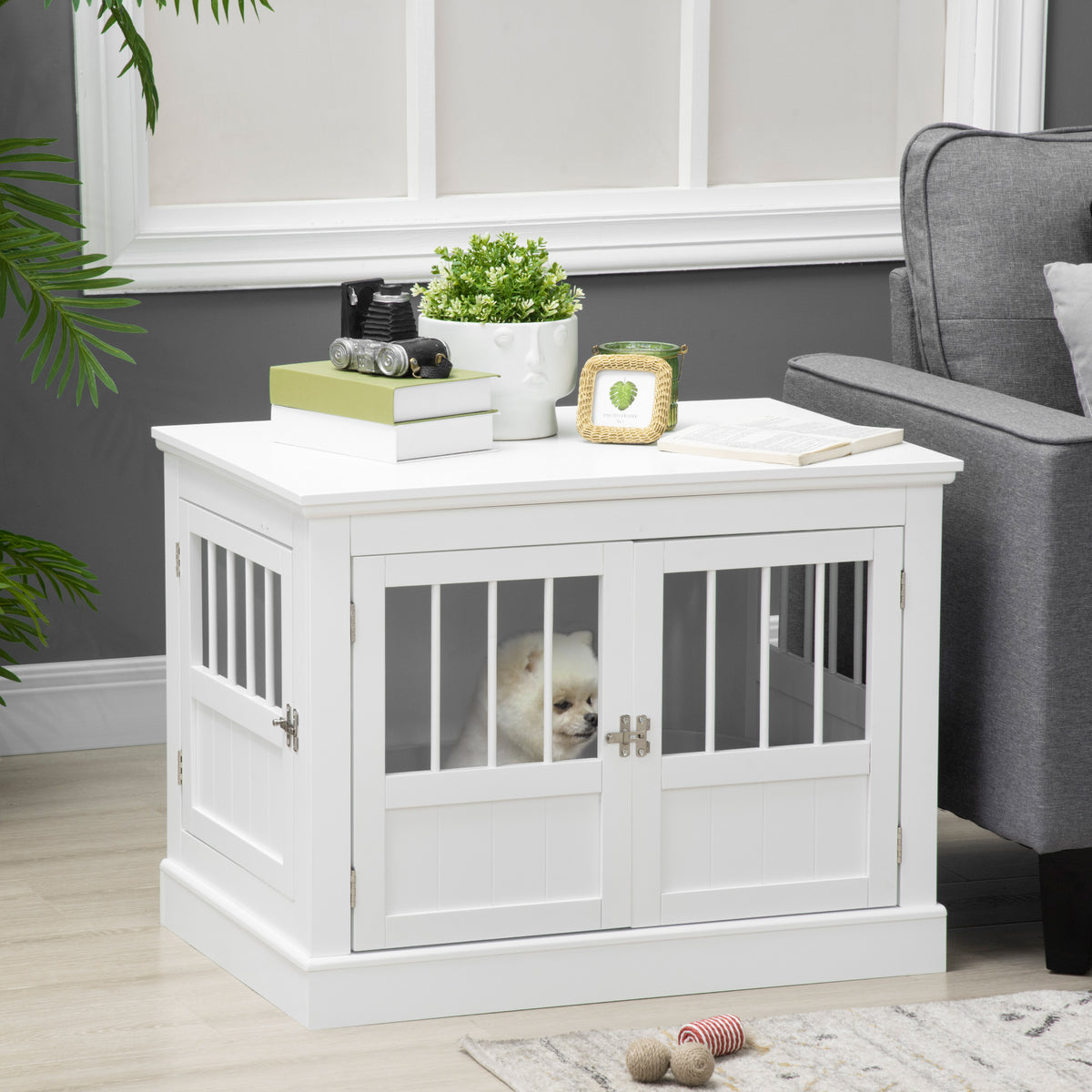 Gaiola para Cães com Mesa Auxiliar Casa para Animais de Estimação Moderna com 3 Portas Francês e Fecho Magnético para Cães Pequenos 78x53x59,3 cm Branco — foto 2