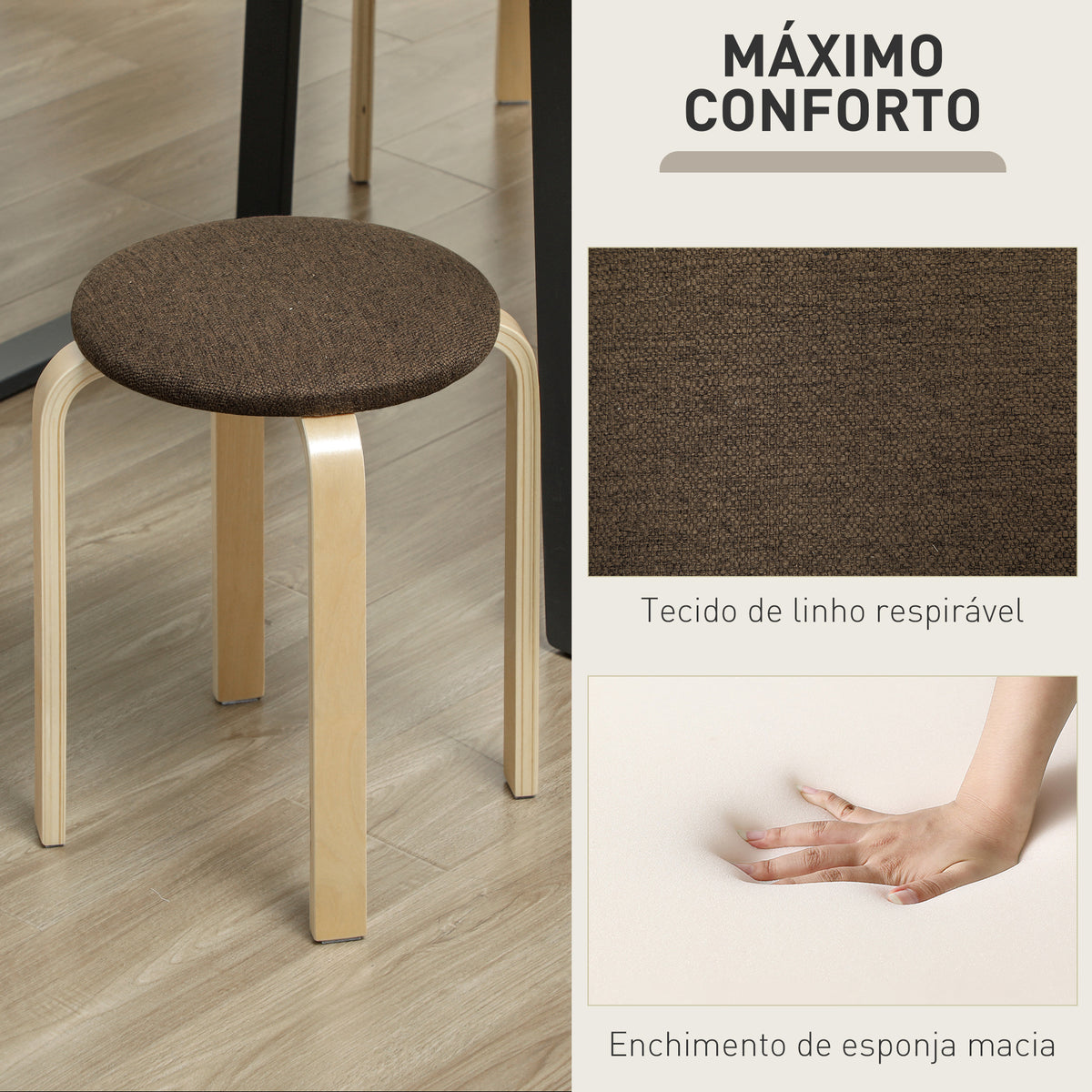 Conjunto de 4 Bancos Empilháveis Redondos Bancos Baixos de Cozinha com Assento Acolchoado para Sala de Jantar Quarto Escritório Sala Marrom e Madeira — foto 5