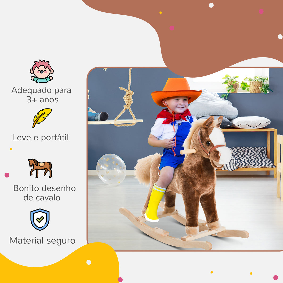 Cavalo de Baloiço para Criança +3 Anos Cavalo de Brinquedo com Alças Estrutura em Metal e Base em Madeira Carga 40 kg 74x33x62 cm Castanho — foto 4