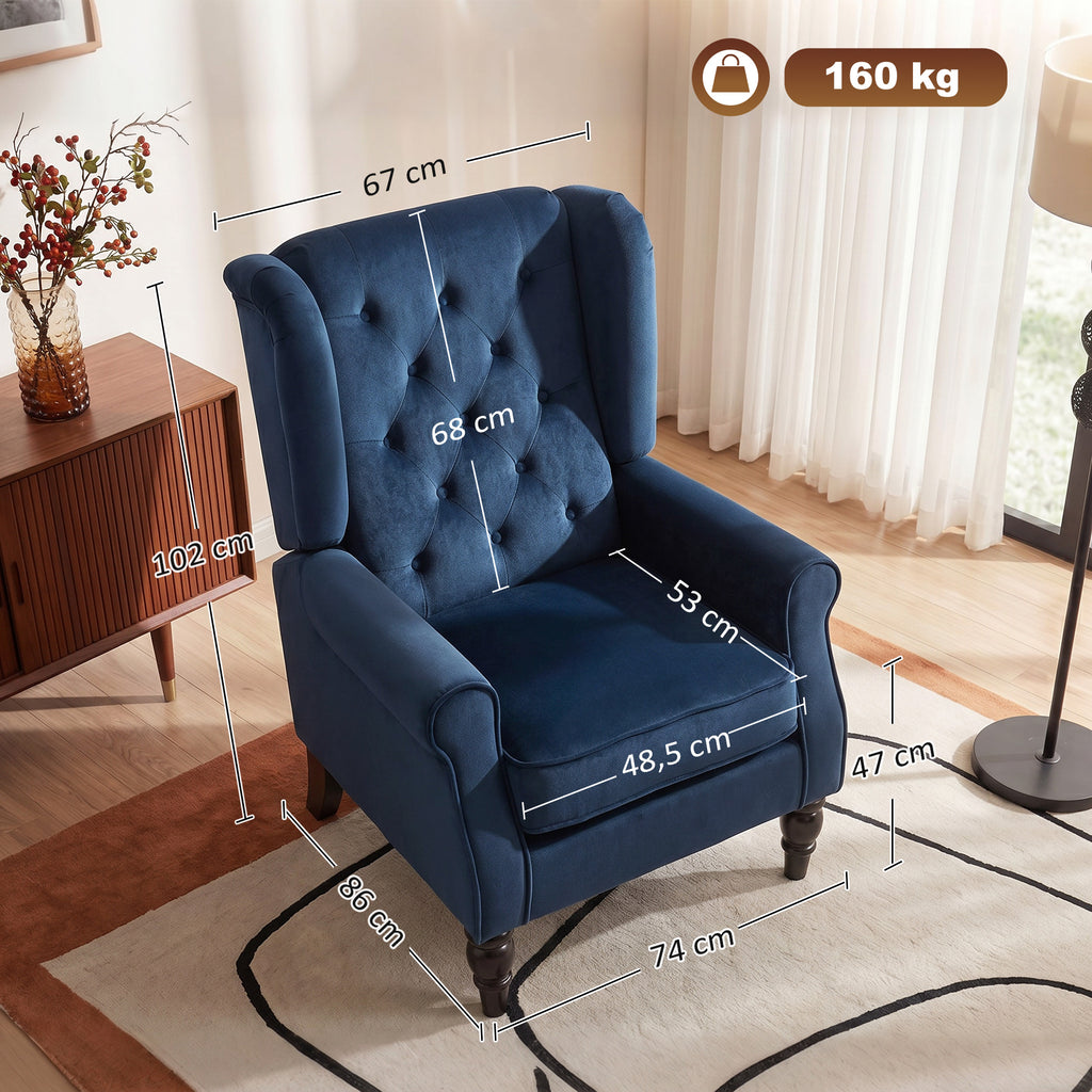 Poltrona de sala capitonê com assento largo, pés em madeira, estilo clássico, grande conforto, 74x86x102cm, azul escuro — foto 2