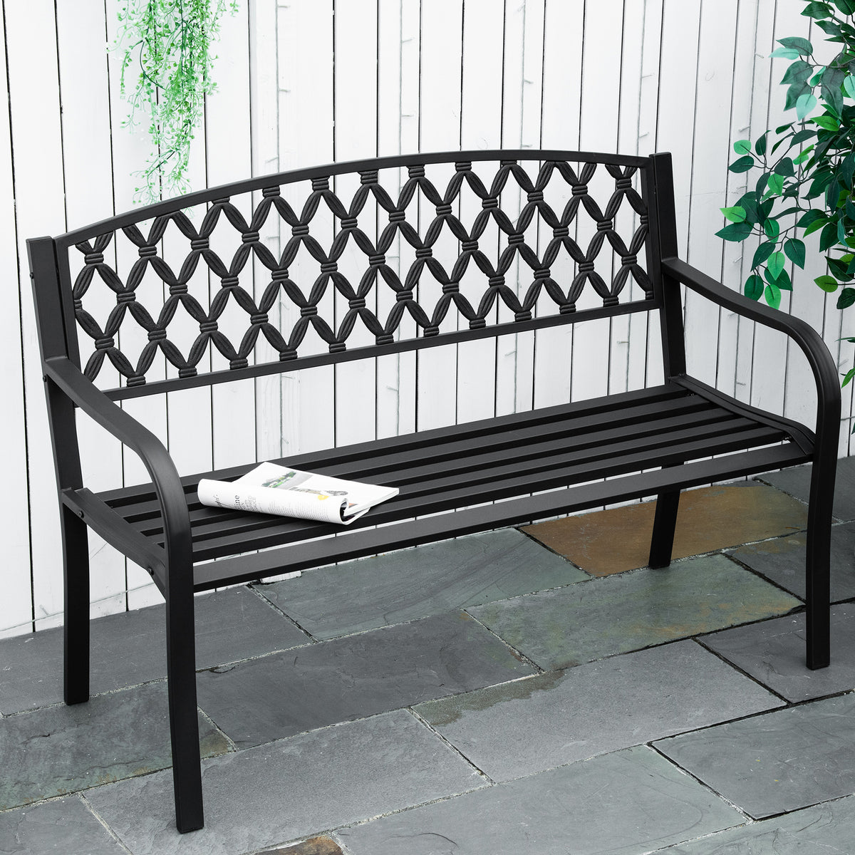 Banco de Jardim de 2 Lugares com Encosto Decorativo e Apoio para os Braços para Terraço Varanda Pátio Exterior Carga 280kg Ferro Fundido e Aço 128x58,5x89cm Preto — foto 2