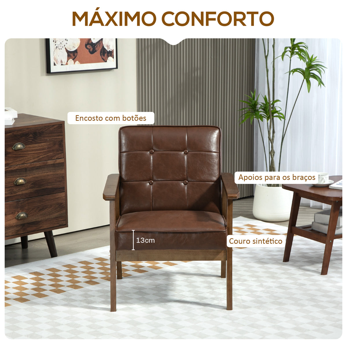 Poltrona Sala de Estar Estofada em PU Poltrona Sala de Estar com Apoio para os Braços e Estrutura de Madeira de Borracha Poltrona para Dormitório Sala de Estar Carga 120 kg 64x66x80 cm Marrom — foto 4