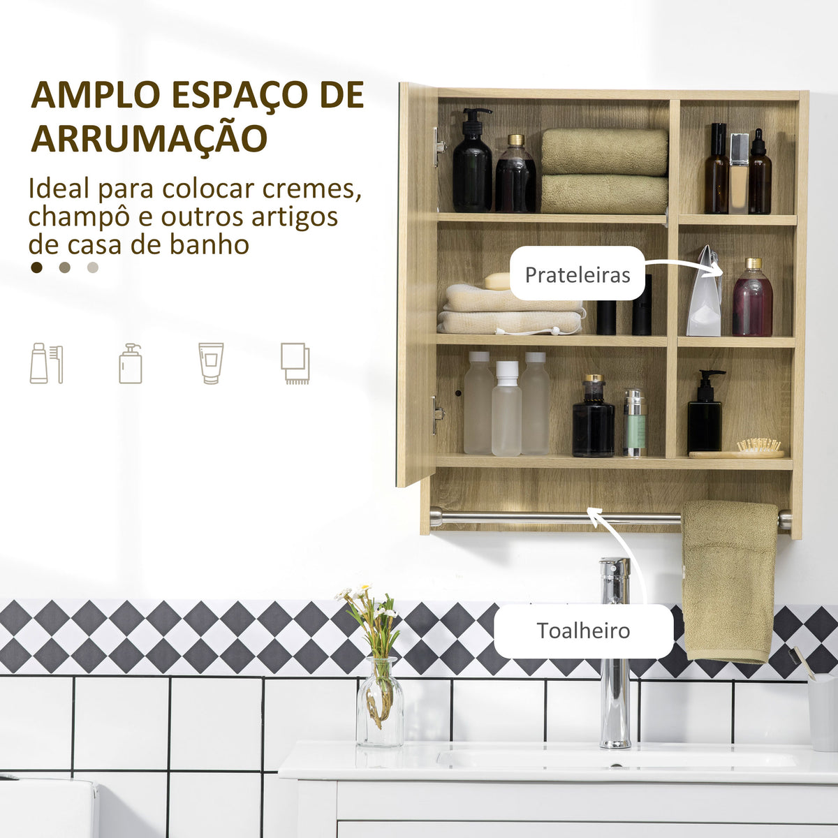 Armário de Casa de Banho com Espelho Armário de Parede com 1 Porta Prateleira Ajustável Toalheiro e Compartimento Móvel de Casa de Banho Suspenso 60x15x70 cm Carvalho — foto 5