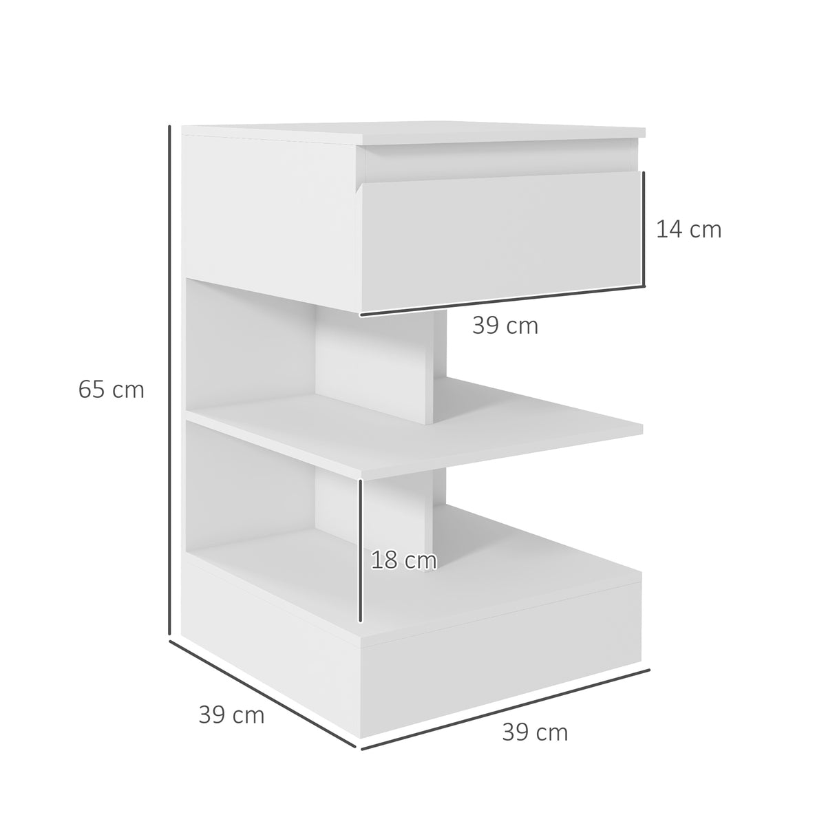 Mesa de Cabeceira Mesa Auxiliar com 1 Gaveta e 2 Prateleiras Abertas para Quarto Sala Cama Escritório Estilo Moderno 39x39x65 cm Branco — foto 3