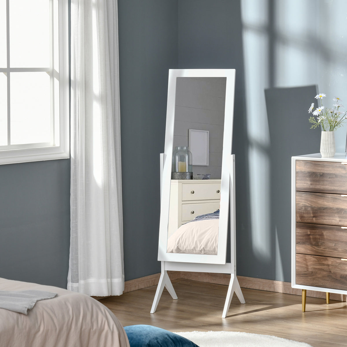 Espelho de Pé para Maquilhagem Reclinável com Estrutura de Madeira para Dormitório Vestidor 47x46x148cm Branco — foto 5