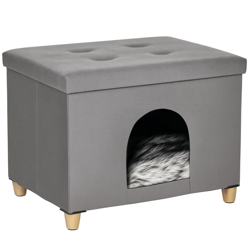 Caverna para Gatos 2 em 1 Banco para Apoio dos Pés com Tampa Removível Orifício de Entrada Almofada Lavável e Pés Elevados de Madeira para Interior 60x45x44,5cm Cinza — foto 1