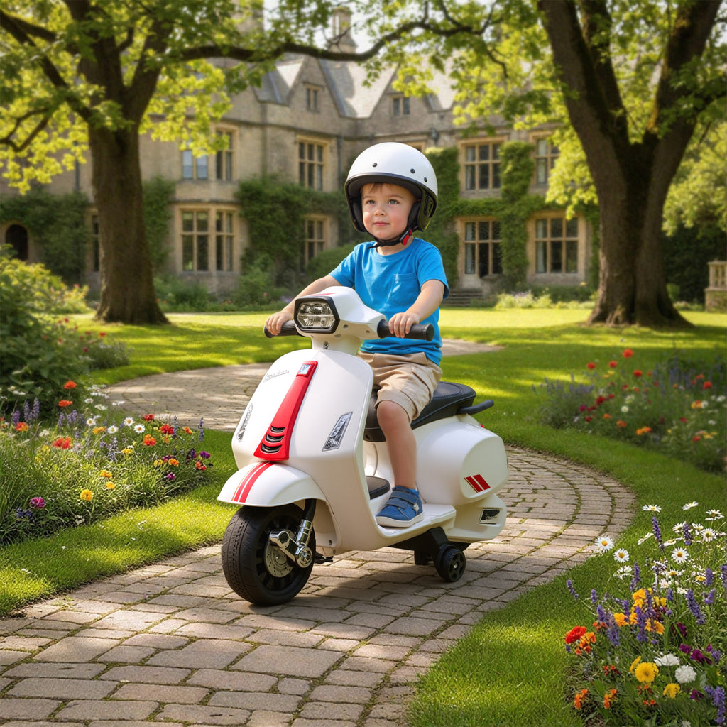 Mota Elétrica para Crianças 6V com Licença Vespa Mota Elétrica Infantil com Rodas Auxiliares Velocidade de 2,5km/h Farol e Buzina para Crianças de 2-6 Anos 71x37x52 cm Branco — foto 2