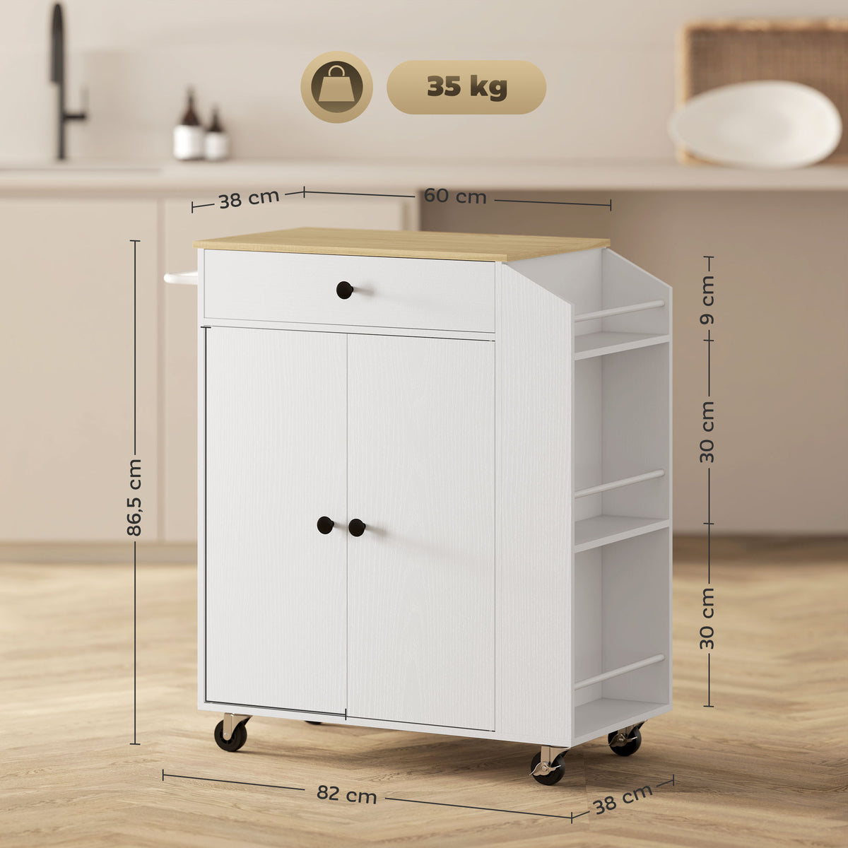 Ilha de Cozinha com Rodas Carrinho de Cozinha Móvel Auxiliar de Cozinha com 2 Portas Gaveta Suporte para Temperos de 3 Níveis e Prateleira Ajustável 82x38x86,5 cm Branco — foto 3